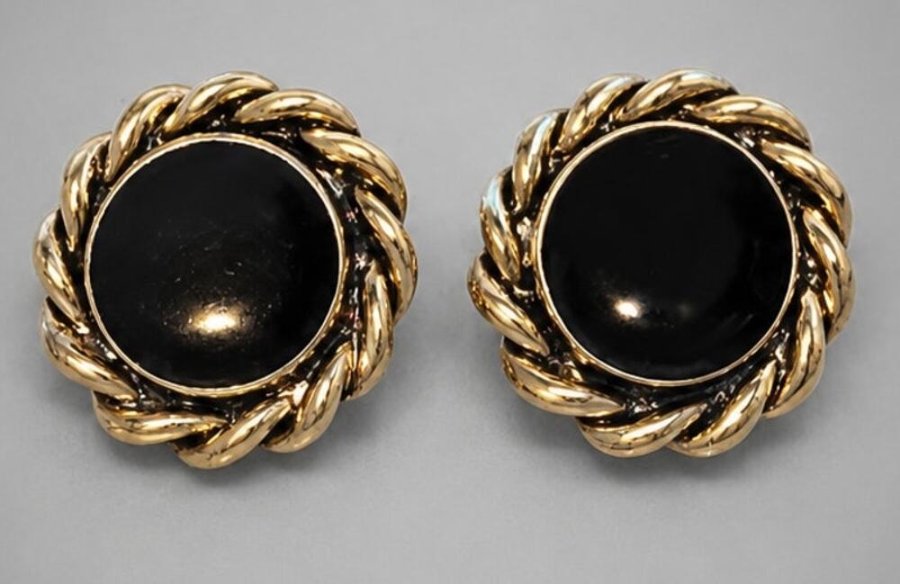 Vintage Silver & Black Round Pierced Earrings, 7/8" Textured, Posts kp-64